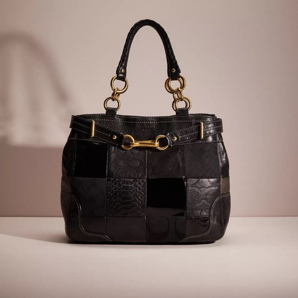 Vtg COACH HAMPTONS BLACK PATCHWORK LEATHER CARRYALL TOTE BAG PURSE HANDBAG RARE